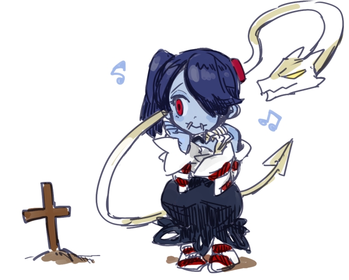 bare_shoulders blue_hair blue_skin cross detached_collar detached_sleeves grave hair_over_one_eye leviathan_(skullgirls) long_hair long_skirt music musical_note no_shoes red_eyes side_ponytail singing skirt skullgirls solo squatting squigly_(skullgirls) stitched_mouth stitches striped striped_legwear striped_sleeves yuriyuri_(ccc) zombie