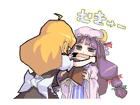 ahoge artist_request bangs blonde_hair blunt_bangs book bow brown_eyes cheek_pull crescent crescent_moon_pin from_behind hat kirisame_marisa mouth_pull multiple_girls oekaki patchouli_knowledge purple_hair touhou white_bow