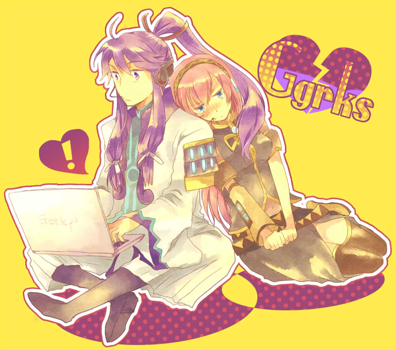 1boy 1girl blue_eyes blush computer ggrks_(vocaloid) heart kamui_gakupo long_hair megurine_luka pink_hair ponytail purple_eyes purple_hair sitting surprised takana thighhighs vocaloid