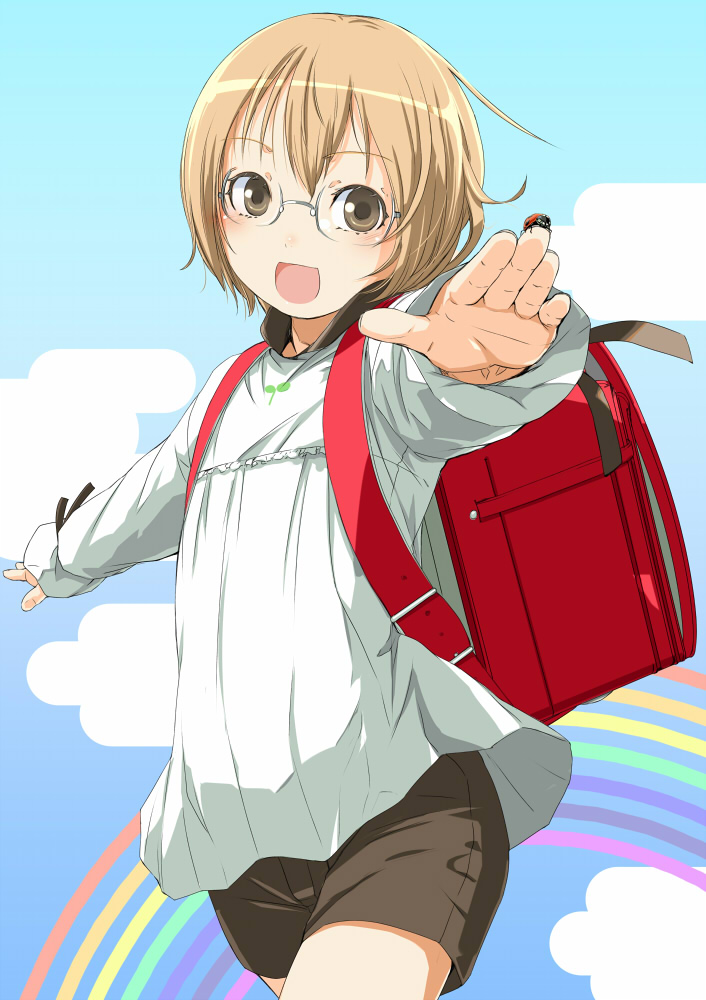 backpack bag blonde_hair blush brown_eyes bug child copyright_request glasses happy insect ladybug open_mouth rainbow randoseru short_hair shorts sody solo