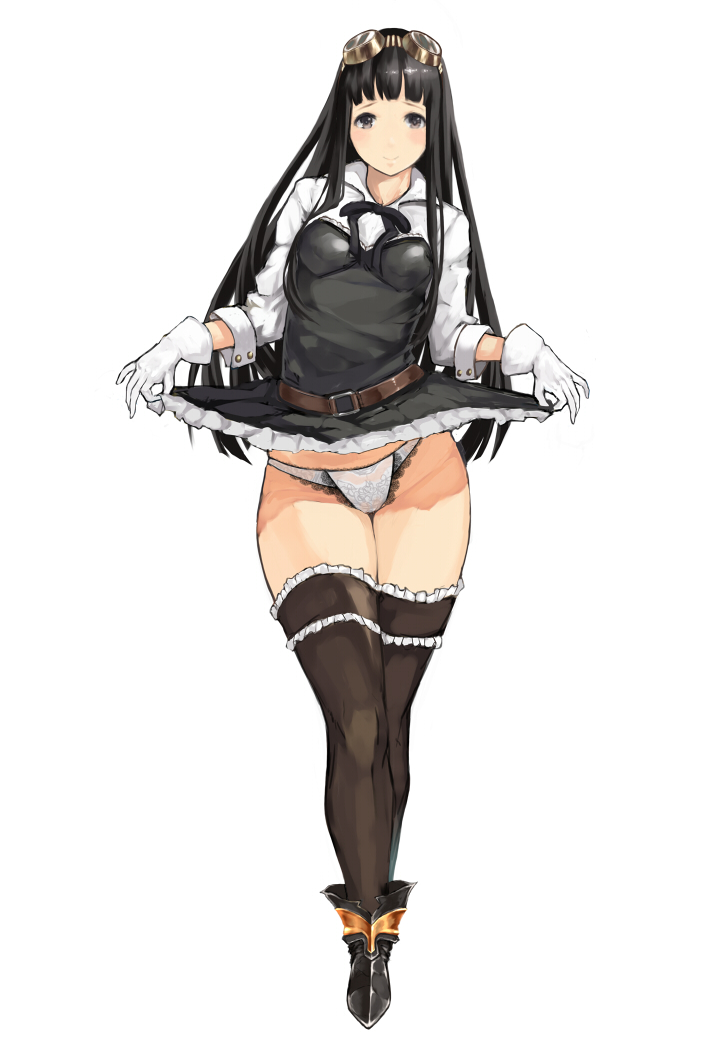 black_eyes black_hair black_legwear blush breasts full_body gloves goggles goggles_on_head granblue_fantasy highleg highleg_panties jessica_(granblue_fantasy) kabocha_head lace lace-trimmed_panties long_hair looking_at_viewer panties skirt skirt_lift small_breasts smile solo standing thighhighs underwear white_background white_gloves white_panties