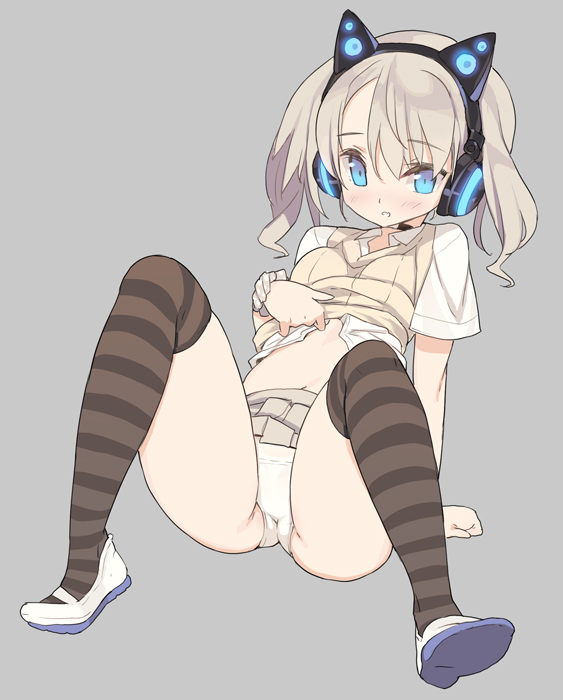 animal_ears axent_wear blade_(galaxist) blue_eyes cat_ear_headphones cat_ears fake_animal_ears grey_background headphones looking_at_viewer navel open_mouth original over-kneehighs panties pleated_skirt school_uniform serafuku shoes short_hair silver_hair sketch skirt solo striped striped_legwear thighhighs underwear white_panties