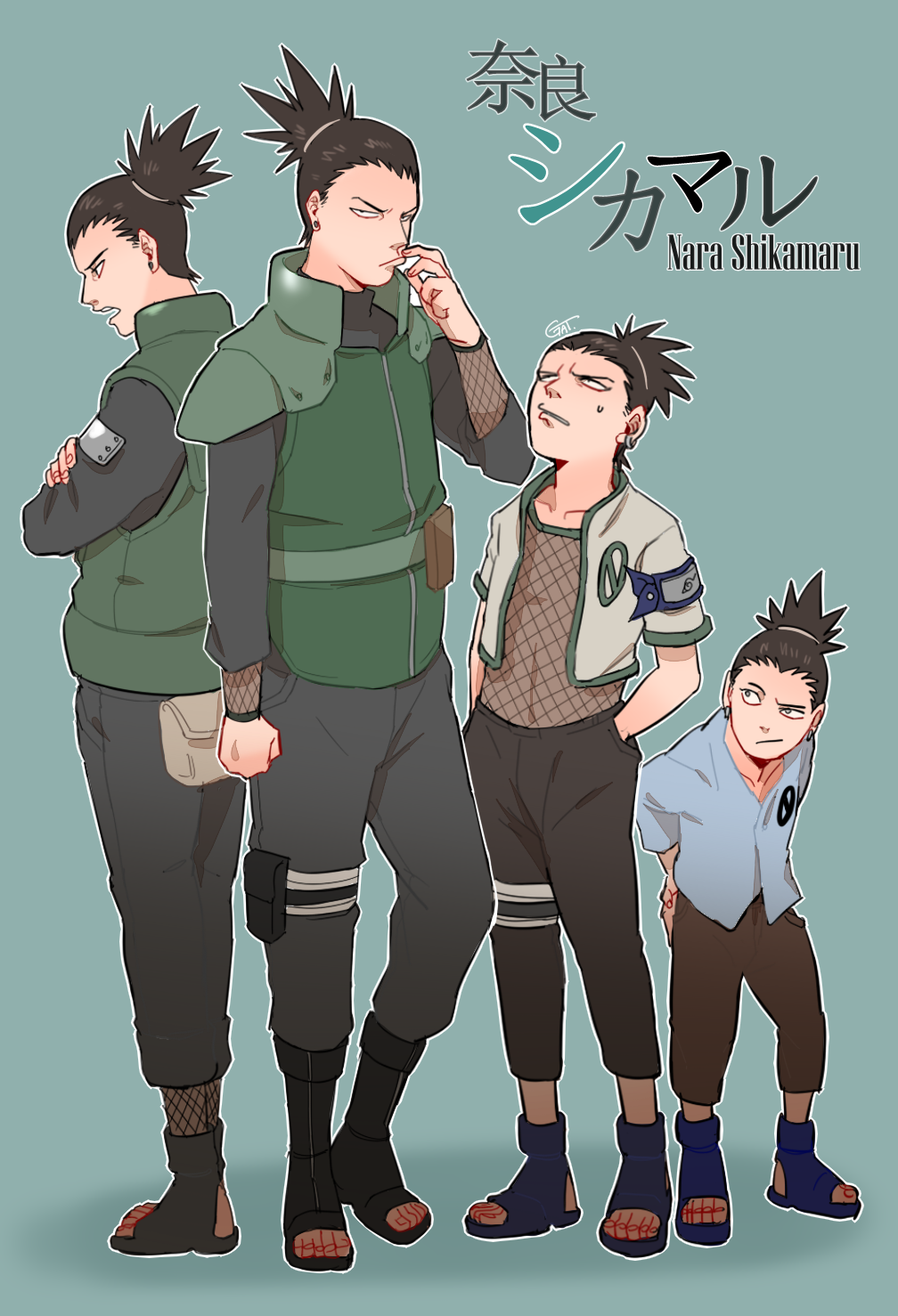 1boy age_progression alternate_costume black_hair character_name earrings fishnets gaetshang jewelry multiple_persona nara_shikamaru naruto naruto:_the_last naruto_shippuuden short_jacket shoulder_pads sweatdrop topknot younger