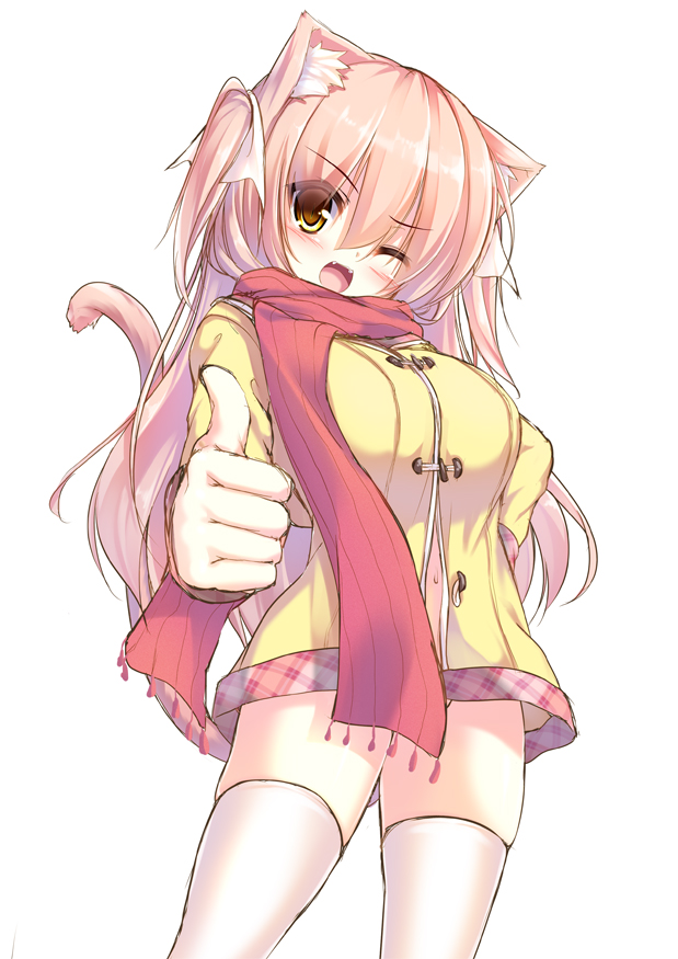 ;d animal_ears cat_ears cat_tail fangs long_hair no_pants one_eye_closed open_mouth original pink_hair red_scarf scarf shia_flatpaddy smile solo syroh tail thighhighs thumbs_up two_side_up white_legwear yellow_eyes