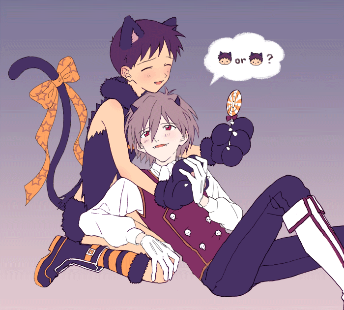 animal_ears bad_id bad_twitter_id blush boots brown_hair candy cat_ears cat_tail closed_eyes fang fangs food grey_hair halloween ikari_shinji lollipop male_focus multiple_boys nagisa_kaworu neon_genesis_evangelion paws red_eyes ribbon smile striped striped_legwear tail tail_ribbon yaoi