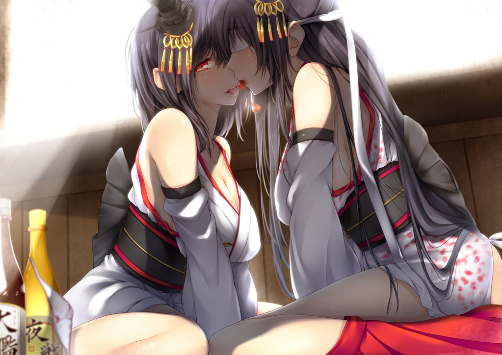 alcohol arm_up bare_shoulders black_hair blindfold blush bottle breasts cherry cleavage detached_sleeves food fruit fusou_(kantai_collection) hair_ornament kantai_collection large_breasts long_hair multiple_girls nontraditional_miko obi rayn red_eyes sake_bottle sash shared_food short_hair skirt skirt_around_one_leg tongue tongue_out yamashiro_(kantai_collection) yuri
