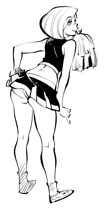 ann_possible ass bangs bare_arms bare_shoulders blush cheerleader greyscale kim_possible leaning_forward lifted_by_self lips miniskirt monochrome mouth_hold nose_blush panties pantyshot pantyshot_(standing) pom_poms profile ramb_chop shoes short_hair sketch skirt skirt_lift smile socks solo standing swept_bangs underwear