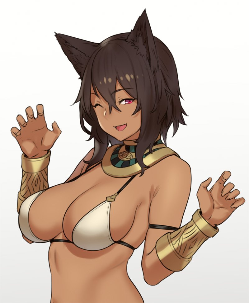 2018 animal_humanoid bastet big_breasts bikini bracelet breasts brown_fur brown_hair cat_humanoid clothing deity egyptian_mythology feline female fur hair houtengeki humanoid jewelry looking_at_viewer mammal one_eye_closed open_mouth paw_pose simple_background smile solo swimsuit white_background