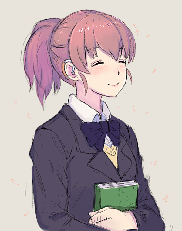 ^_^ blazer blush book bow bowtie brown_hair closed_eyes closed_mouth collared_shirt grey_background happy hearing_aid holding holding_book jacket koe_no_katachi long_hair nishimiya_shouko othel_(hatimorris) ponytail purple_bow school_uniform shirt simple_background sketch smile solo upper_body wing_collar