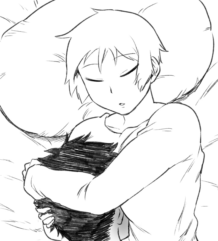 1girl between_breasts blush breast_smother breasts closed_eyes couple full-face_blush greyscale head_between_breasts hetero hug large_breasts monochrome original pillow short_hair sleeping solo_focus sweater tsukudani_(coke-buta) tsurime-chan