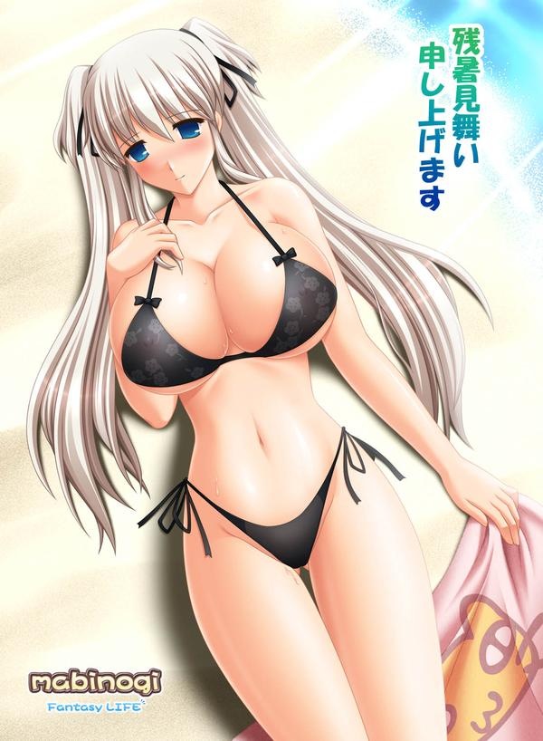 bikini blue_eyes breasts huge_breasts kafu long_hair mabinogi nao nao_(mabinogi) swimsuit towel white_hair