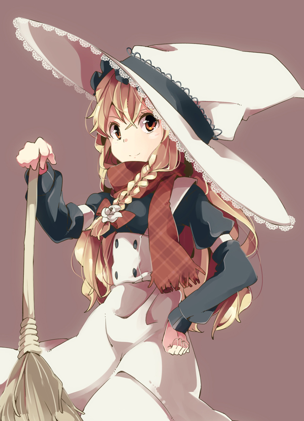 aioi_aoi alternate_costume blonde_hair braid broom brown_background hand_on_hip hat kirisame_marisa long_hair simple_background single_braid smile solo touhou witch_hat yellow_eyes