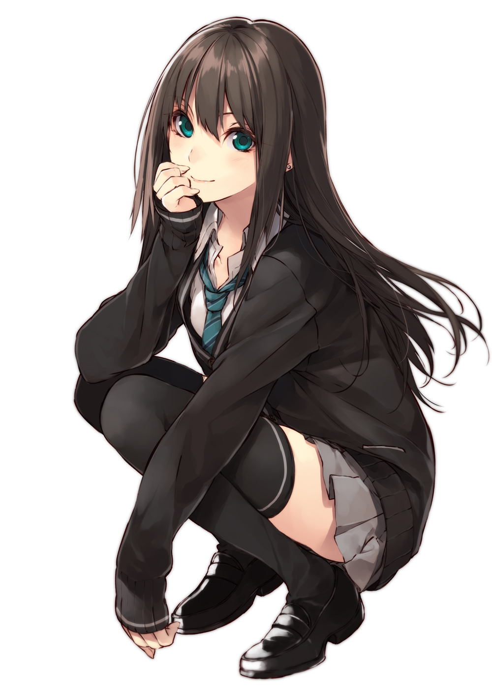 brown_hair buttons cardigan chin_rest earrings full_body green_eyes hand_on_own_head highres idolmaster idolmaster_cinderella_girls jewelry kuwashima_rein loafers long_hair long_sleeves looking_at_viewer loose_necktie necktie pleated_skirt school_uniform shibuya_rin shirt shoes simple_background skirt sleeves_past_wrists smile solo squatting thighhighs unbuttoned white_background white_shirt zettai_ryouiki