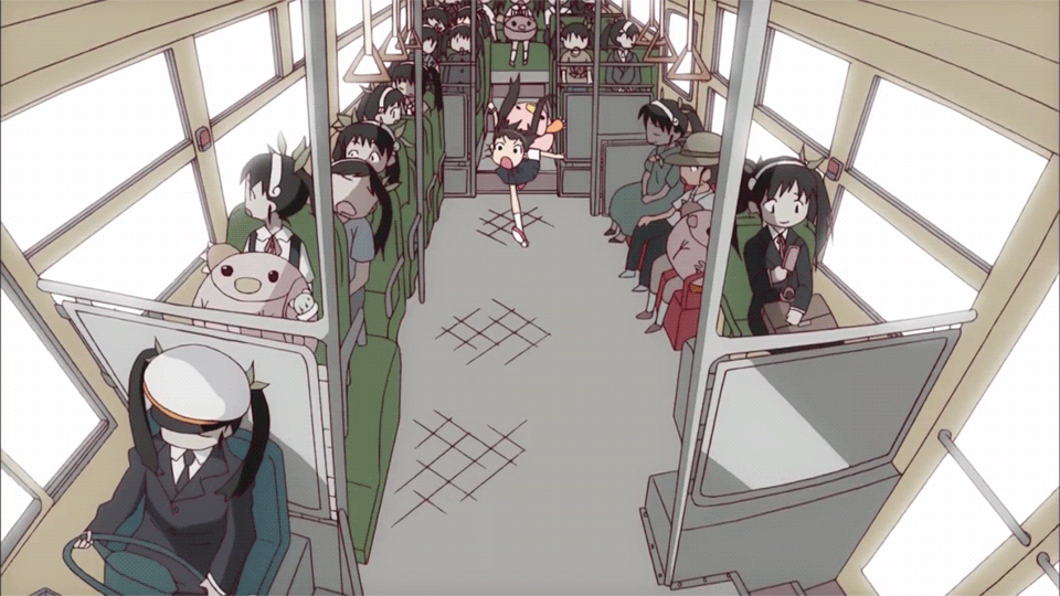 animated animated_gif bakemonogatari bus bus_interior ground_vehicle hachikuji_mayoi monogatari_(series) motor_vehicle multiple_girls multiple_persona screencap twintails