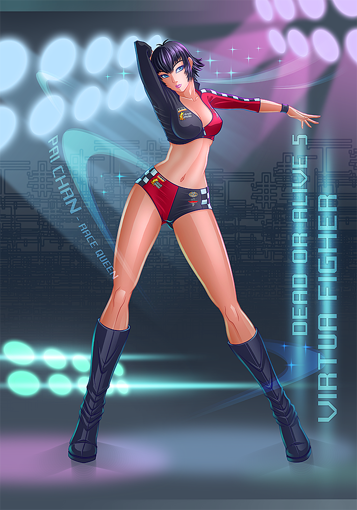 alternate_costume arm_up black_hair blue_eyes boots breasts crop_top dead_or_alive dead_or_alive_5 knee_boots large_breasts lips lipstick long_legs makeup midriff navel outstretched_arm pai_chan pieter_visser race_queen short_hair short_shorts shorts solo virtua_fighter wristband