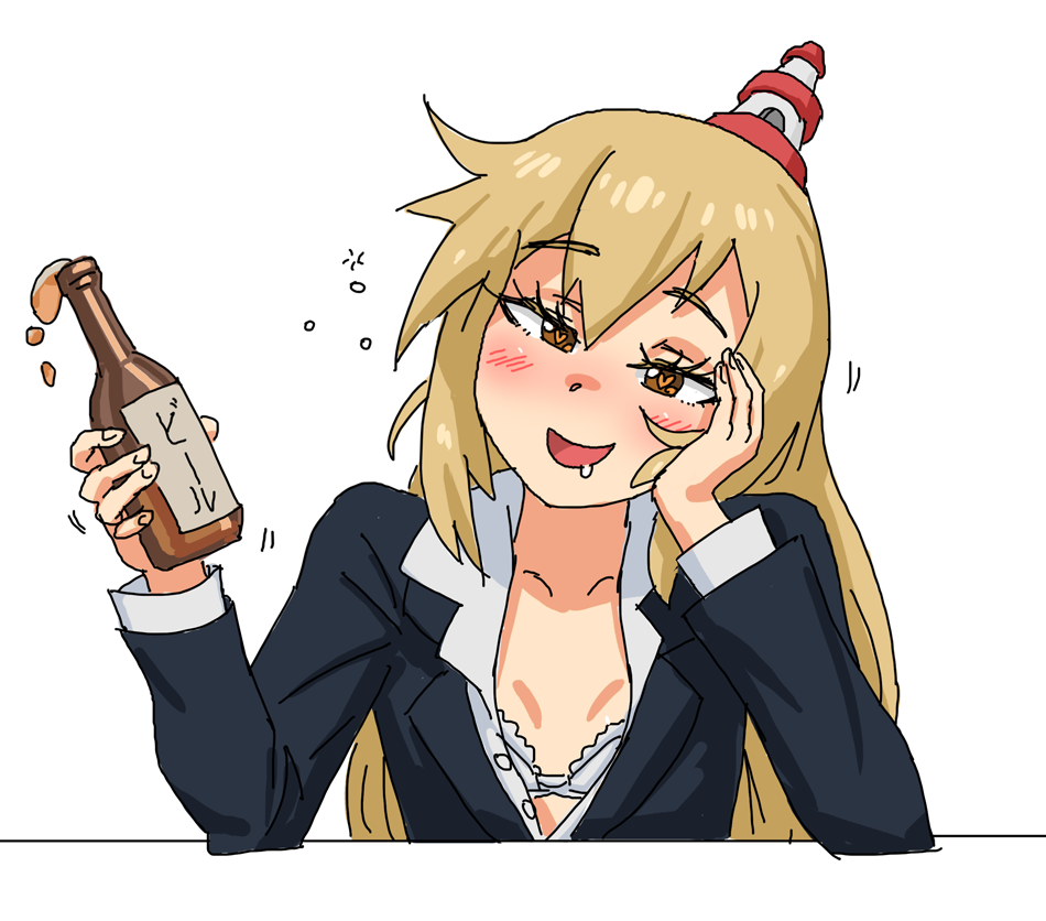 1girl alcohol beer blonde_hair bottle bra brown_eyes chin_rest drooling drunk flat_chest genma_iroe hat heart heart-shaped_pupils kiriririn long_hair party_hat school_uniform solo spilling symbol-shaped_pupils unbuttoned underwear