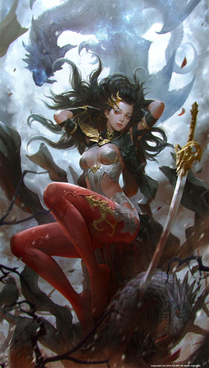 armlet black_hair blood bloody_weapon bracer breasts commentary dragon fantasy hair_ornament hands_in_hair highres kilart lips long_hair md5_mismatch medium_breasts nose original pantyhose planted_sword planted_weapon red_eyes red_legwear revealing_clothes solo_focus sword very_long_hair weapon wind wind_lift
