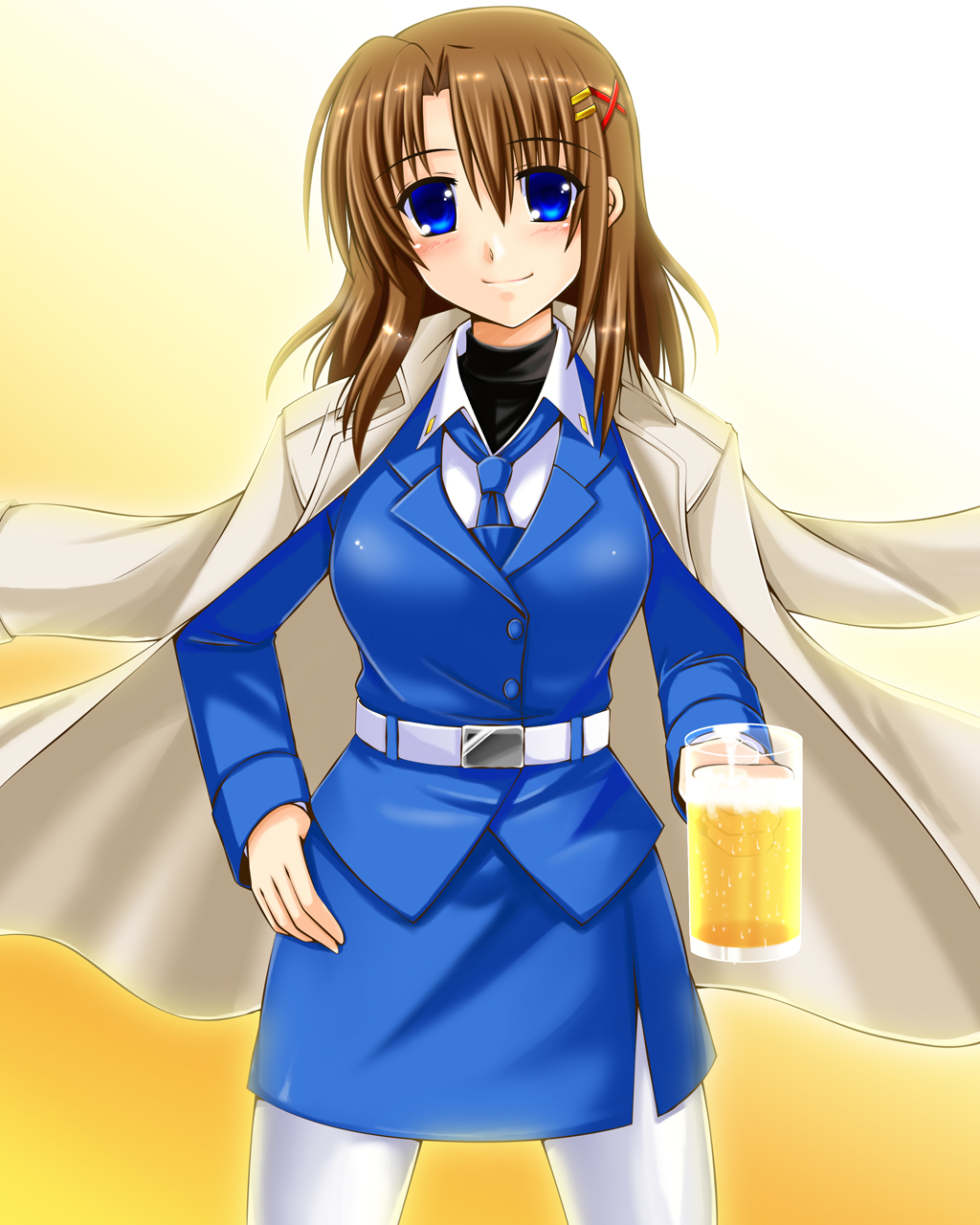 alcohol beer beer_mug blue_eyes blush brown_hair cup drunk engo_(aquawatery) hair_ornament hair_ribbon hairclip hand_on_hip highres holding holding_cup jacket_on_shoulders looking_at_viewer lyrical_nanoha mahou_senki_lyrical_nanoha_force military military_uniform necktie pantyhose ribbon short_hair skirt smile solo tress_ribbon tsab_naval_military_uniform uniform x_hair_ornament yagami_hayate