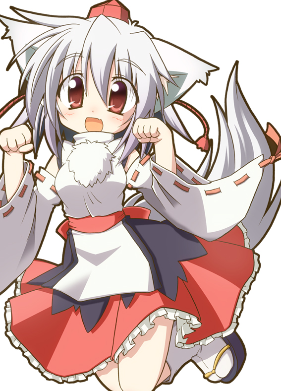 animal_ears bare_shoulders breasts fang hat inubashiri_momiji long_sleeves looking_at_viewer medium_breasts open_mouth paw_pose pom_pom_(clothes) red_eyes ribbon-trimmed_sleeves ribbon_trim short_hair silver_hair simple_background solo suzukishi tail tokin_hat touhou white_background wolf_ears wolf_tail
