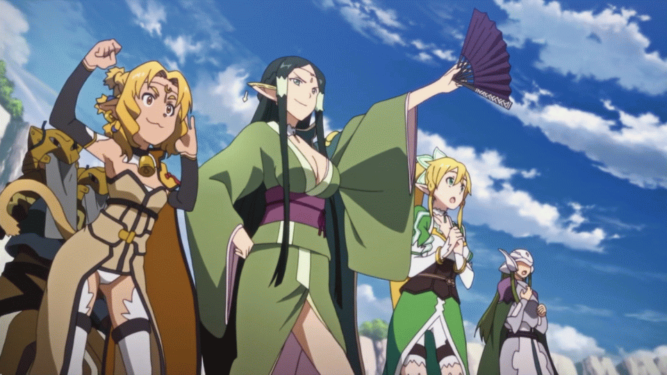4girls a-1_pictures alicia_rue animated animated_gif arm_warmers bell bell_collar black_hair blonde_hair bouncing_breasts breasts collar dark_skin fan flat_chest green_eyes hands_together japanese_clothes kimono large_breasts leafa long_hair multiple_girls one_arm_up open_mouth outdoors pettanko pointy_ears ponytail sakuya_(sao) screen_capture screencap short_hair sky sword_art_online tail thighhighs thighs very_long_hair wafuku white_legwear white_thighhighs yellow_eyes