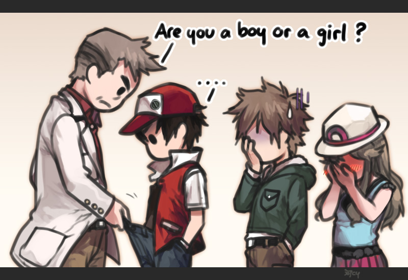 1girl 3boys baseball_cap blue_(pokemon) blush brown_hair commentary cowboy_shot double_facepalm embarrassed english facepalm fedora full-face_blush gameplay_mechanics grey_background hat kawacy labcoat letterboxed multiple_boys ookido_green ookido_yukinari parody pokemon pokemon_(game) pokemon_frlg red_(pokemon) shaded_face shirt short_sleeves simple_background solid_circle_eyes sweatdrop turn_pale vest white_shirt
