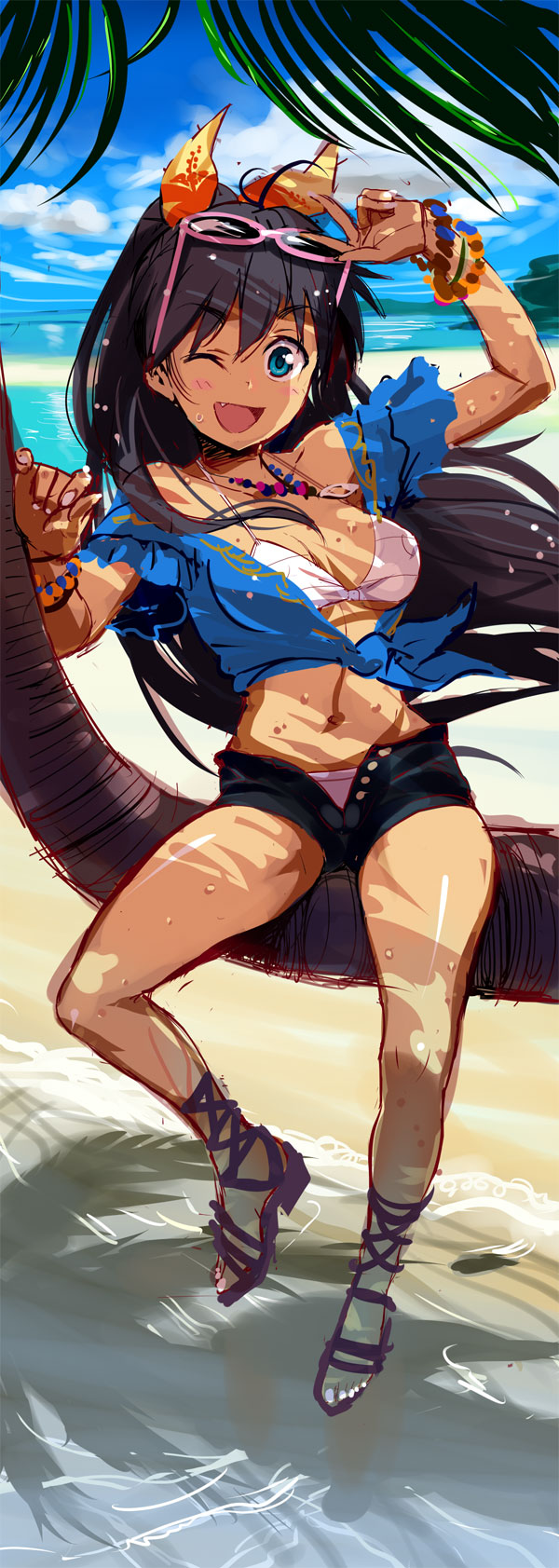 :d andou_shuuki ankle_lace-up beach bikini_top black_hair blue_eyes bow bracelet breasts cleavage cloud cross-laced_footwear day eyewear_on_head fang front-tie_top ganaha_hibiki hair_bow halterneck highres idolmaster idolmaster_(classic) jewelry large_breasts legs long_hair midriff navel ocean one_eye_closed open_fly open_mouth outdoors shiny shiny_skin shirt shoes short_shorts shorts sitting sky smile solo sunglasses tied_shirt tree unbuttoned unzipped very_long_hair