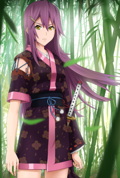 bad_id bad_pixiv_id bamboo bamboo_forest forest hair_ornament hairclip japanese_clothes katana long_hair nature original p_(zzaazz) purple_hair solo sword weapon yellow_eyes