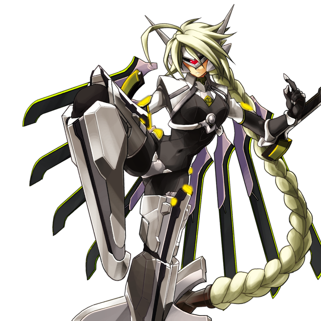 ahoge android armor blade blazblue blazblue:_continuum_shift blonde_hair bodysuit braid crotch_plate fighting_stance frown glowing glowing_eye hair_ornament hair_weapon katou_yuuki lambda-11 leg_up long_hair mask mecha_musume navel official_art red_eyes robot_ears single_braid single_eye solo standing standing_on_one_leg strapless_bottom sword thighhighs transparent_background very_long_hair visor weapon wings