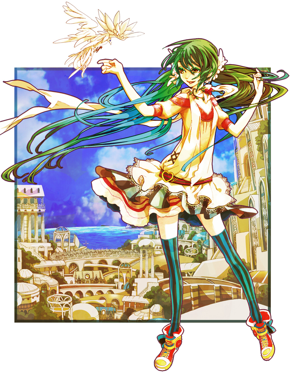 bird cityscape cloud dress flower green_hair hair_flower hair_ornament hatsune_miku highres legs long_hair mov shoes sky smile sneakers solo striped striped_legwear thighhighs twintails vertical-striped_legwear vertical_stripes very_long_hair vocaloid water yellow_eyes