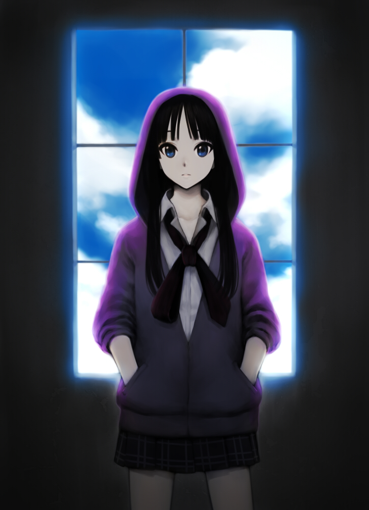 akiyama_mio bad_id bad_pixiv_id black_hair blue_eyes hands_in_pockets hood hoodie k-on! long_hair no_thank_you! plaid plaid_skirt pleated_skirt school_uniform siv_(kuroino) skirt solo window