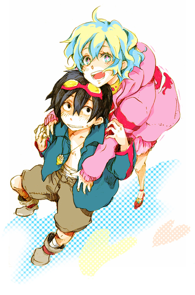 +_+ back_hug blue_hair couple from_above goggles hoodie hug hug_from_behind multicolored_hair nia_teppelin open_clothes open_jacket simon tengen_toppa_gurren-lagann tengen_toppa_gurren_lagann two-tone_hair young