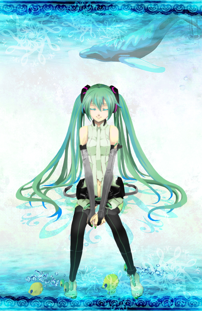 aqua_hair bad_id bad_pixiv_id barefoot belt bridal_gauntlets closed_eyes elbow_gloves fingerless_gloves fish gloves hatsune_miku hatsune_miku_(append) long_hair makayaki navel necktie smile solo toeless_legwear twintails vocaloid vocaloid_append whale