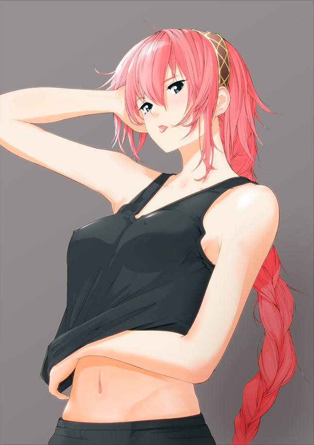 :p blue_eyes braid breasts covered_nipples giba_(out-low) hairband long_hair medium_breasts megurine_luka navel pink_hair solo tank_top tongue tongue_out vocaloid