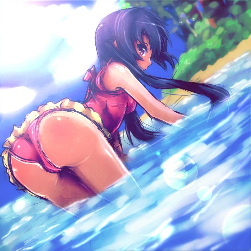 ass bent_over black_hair casual_one-piece_swimsuit cloud day dutch_angle k-on! long_hair looking_back md5_mismatch nakano_azusa one-piece_swimsuit profile purple_eyes skirt solo swimsuit tan tom_(drpow) twintails wading water