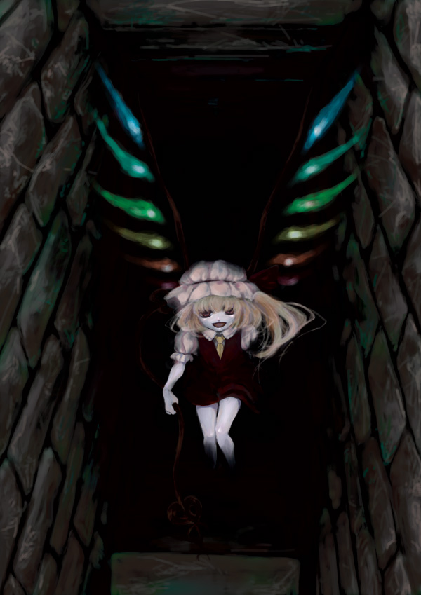 bad_id bad_pixiv_id blonde_hair dark flandre_scarlet hat horror_(theme) laevatein one_side_up pale_skin red_eyes rinko_(mg54) solo stairs touhou wings