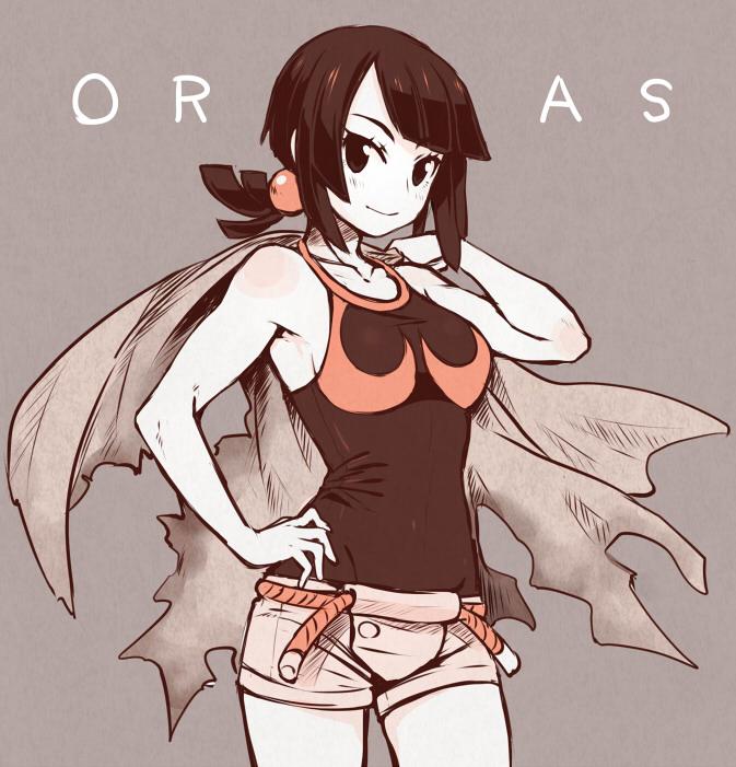 agemono bare_shoulders black_eyes black_hair higana_(pokemon) pokemon pokemon_(game) pokemon_oras short_shorts shorts solo tank_top