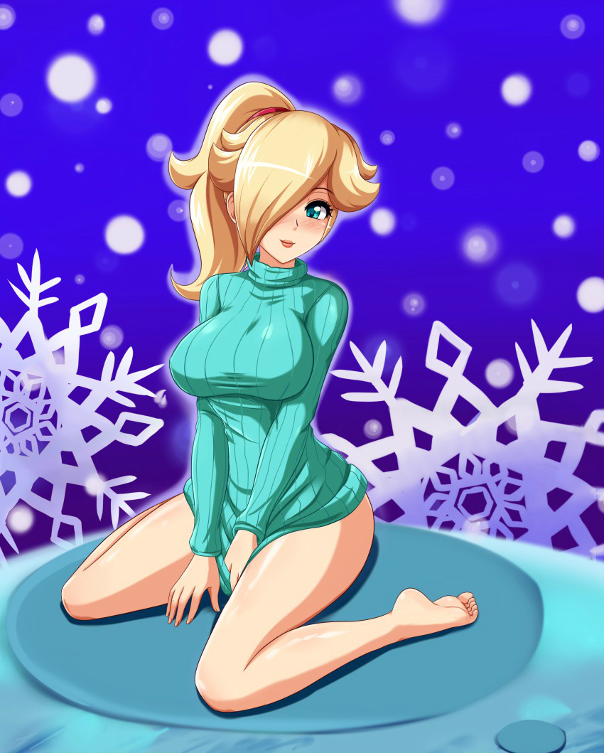 blonde_hair blush edit photoshop rosalina_(mario) sigurdhosenfeld sitting smile snow tagme