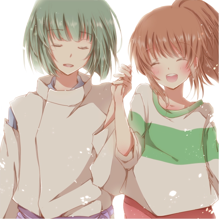 1girl blush brown_hair closed_eyes green_hair haku_(sen_to_chihiro_no_kamikakushi) hiro_(hirohiro31) holding_hands light_particles ogino_chihiro open_mouth ponytail sen_to_chihiro_no_kamikakushi short_hair simple_background smile studio_ghibli white_background