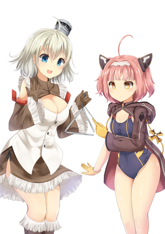 2girls ahoge azur_lane blue_eyes breasts brown_gloves cleavage detached_sleeves gloves hair_ornament hairclip hood hooded_jacket instrument_request iron_cross jacket large_breasts medium_hair multiple_girls oklahoma_(azur_lane) open_mouth pink_hair simple_background smokestack swimsuit u-81_(azur_lane) uru_byou white_background white_hair yellow_eyes yellow_gloves