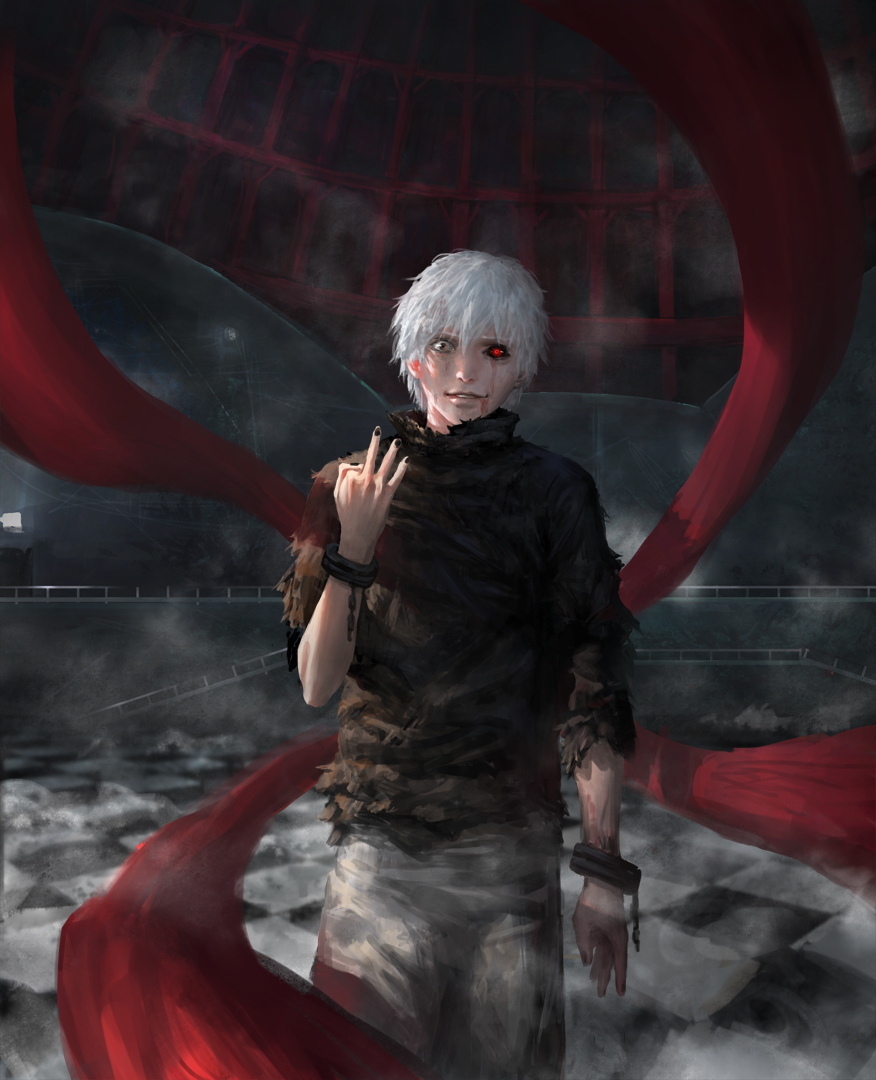 bangs black_nails black_sclera checkered checkered_floor cuffs diaodiao glowing glowing_eyes grin handcuffs kagune_(tokyo_ghoul) kaneki_ken looking_at_viewer male_focus mismatched_sclera nail_polish parted_lips realistic red_eyes smile solo tokyo_ghoul torn_clothes white_hair