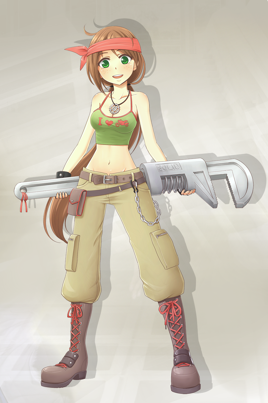 belt boots breasts brown_hair chain cleavage clothes_writing crop_top cross-laced_footwear fingerless_gloves freckles gears gloves green_eyes groin headband highres knapsack long_hair looking_at_viewer low_ponytail medium_breasts midriff navel open_mouth original oversized_object pants ponytail purdoy25 smile solo tank_top very_long_hair wrench