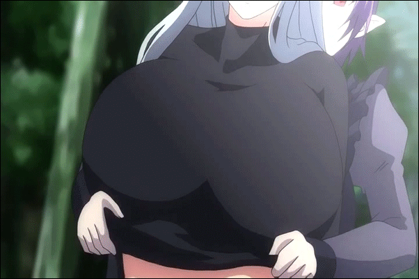 animated animated_gif areolae assisted_exposure bouncing_breasts breast_press breasts demonion elf elf_ears huge_breasts long_hair nipples pointy_ears purple_hair red_eyes shirt_lift undressing white_hair
