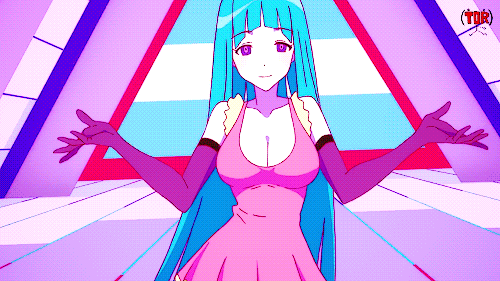 animated animated_gif blue_hair bouncing_breasts breasts cleavage female heart heart_hands long_hair me!me!me! meme_(me!me!me!) open_mouth purple_eyes solo teeth very_long_hair