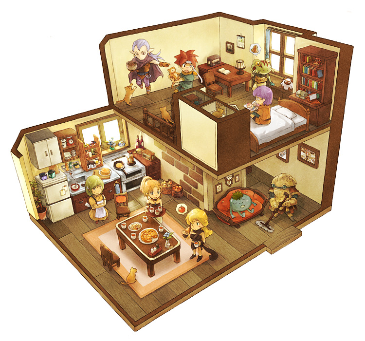 4girls ayla_(chrono_trigger) bed blonde_hair blue_eyes bookshelf carpet cat chair chrono_trigger closed_eyes crono crono's_mother cup desk food green_hair isometric jewelry kaeru_(chrono_trigger) kilwala lamp long_hair lucca magus marle mop multiple_boys multiple_girls necklace nu on_bed pancake pie pointy_ears purple_hair radio reading robo robot short_hair sitting sitting_on_bed spoken_food spoken_object tommy0117 wooden_floor