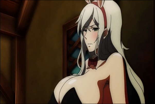 animal_ears animated animated_gif areolae blush bouncing_breasts bow bowtie breast_press breasts breasts_outside bunny_ears bunnysuit cleavage clothes demonion detached_collar huge_breasts leotard long_hair nipples ribbon undressing vanessa_cromwell white_eyes white_hair
