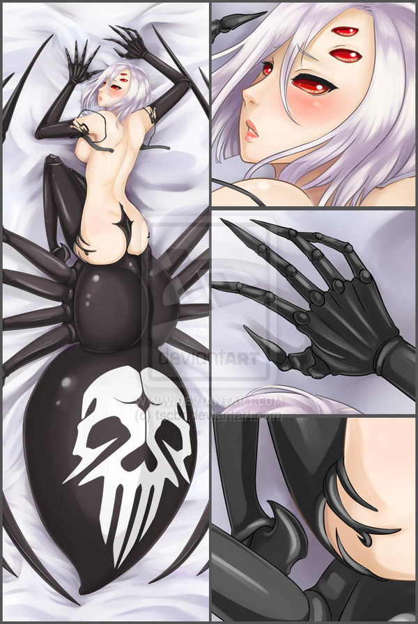 arachne ass blush breasts carapace claws close-up dakimakura extra_eyes from_above hair_over_eyes insect_girl jing_li lavender_hair lying monster_girl monster_musume_no_iru_nichijou multiple_legs nipples nude on_bed on_stomach parted_lips rachnera_arachnera red_eyes skull solid_eyes solo spider_girl third-party_edit third-party_watermark watermark
