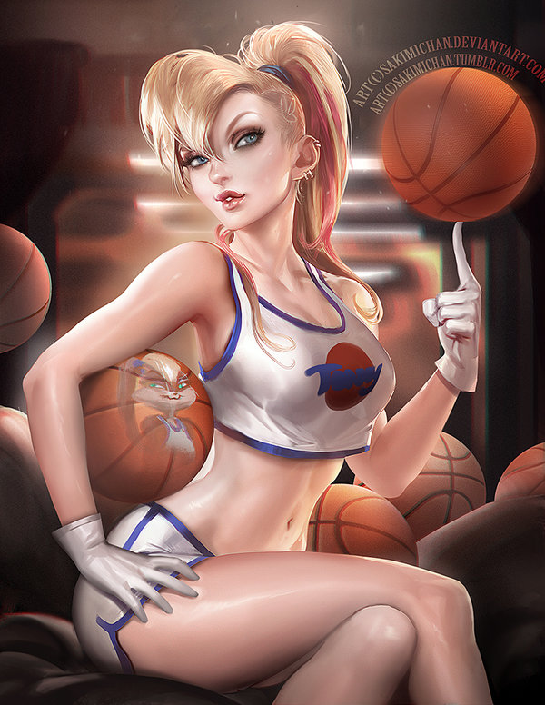 ball bangs banned_artist basketball basketball_uniform blonde_hair breasts crop_top crop_top_overhang crossed_legs ear_piercing earrings eyelashes eyeliner gloves hand_on_hip holding holding_ball humanization jewelry large_breasts lips lola_bunny long_hair looney_tunes makeup midriff navel nose parted_lips piercing ponytail sakimichan scrunchie shiny shiny_skin short_shorts shorts sitting solo space_jam sportswear toned watermark web_address white_gloves