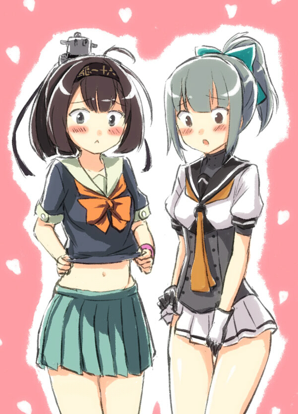 ahoge akizuki_(kantai_collection) akizuki_(kantai_collection)_(cosplay) bad_id bad_pixiv_id bangs black_eyes black_hair blunt_bangs blush bow bowtie brown_eyes cosplay costume_switch crop_top engiyoshi gloves grey_hair hair_bow headband kantai_collection midriff multiple_girls navel no_legwear open_mouth pleated_skirt ponytail sailor_collar school_uniform serafuku short_hair skirt translation_request yuubari_(kantai_collection) yuubari_(kantai_collection)_(cosplay)