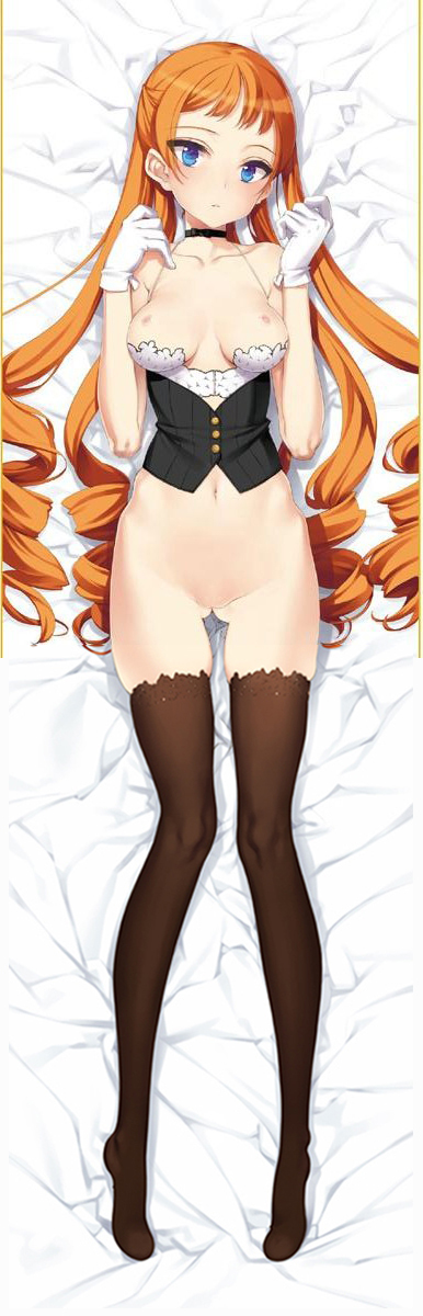 1girl bare_shoulders bed_sheet black_legwear blue_eyes blush bottomless bra breasts breasts_outside bustier buttons choker cleavage collarbone corset dakimakura drill_hair eiyuu_senki full_body gloves gluteal_fold legs lingerie long_hair long_legs looking_at_viewer lying medium_breasts midriff napoleon_bonaparte_(eiyuu_senki) navel nipples no_panties no_shoes on_back on_bed ooyari_ashito open_clothes orange_hair small_areolae small_nipples solo tenco thighhighs thighs topless tsurime underwear white_bra white_gloves