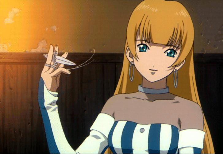 1girl animated animated_gif bangs blonde_hair blue_eyes detached_sleeves dress earrings female hoop_earrings jewelry knife lachette_altair long_hair looking_at_viewer neck_ring ratchet_altair ring sakura_taisen sakura_taisen_movie sakura_taisen_v shirt smile solo striped striped_dress striped_shirt talking weapon